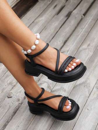 Vintage Casual Thick Sole Women's Roman Sandals, Comfortable Ankle Strap Holiday Shoes