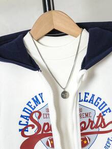 2 件套年轻男孩休闲运动字母印花夹克连帽衫 + 裤子套装，秋冬