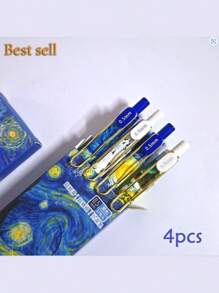 4 支/盒，梵高油画图案伸缩中性笔，0.5 毫米超细笔尖，书写顺畅，快干黑色墨水笔，适用于家庭、学校和办公用品，用于学校用品，返校 - 黑色 - 查看 9