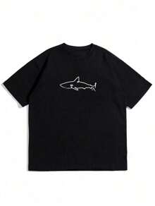 Men's Casual Simple Shark Print Drop Shoulder Loose T-Shirt-100 Percent Cotton