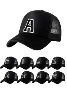 1顶儿童透气棒球帽，A-Z字母刺绣，女童网眼可调节后扣帽，户外休闲帽，适合3-14岁儿童 - 黑色 - 查看 1
