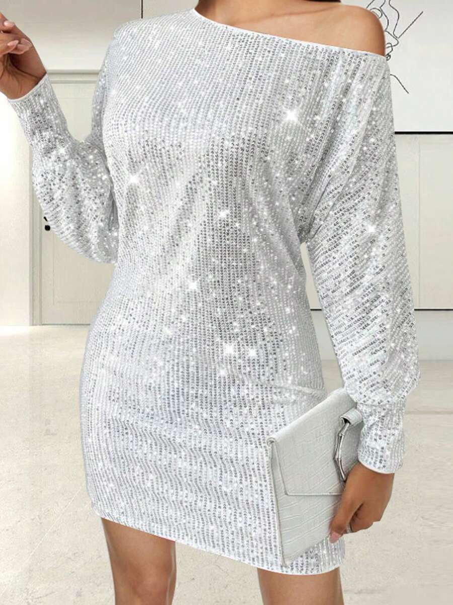 Women's Off One Shoulder Sequined Dress Slim Fit Stylish Sparkly Long Sleeve Mini Bodycon Dress - trắng - Xem 1