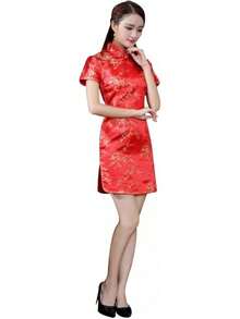 Cheongsam Dress Women Qipao Short Sleeve Bodycon Mandarin Collar Side Slit Floral Print Dress - Red Flower - View 1