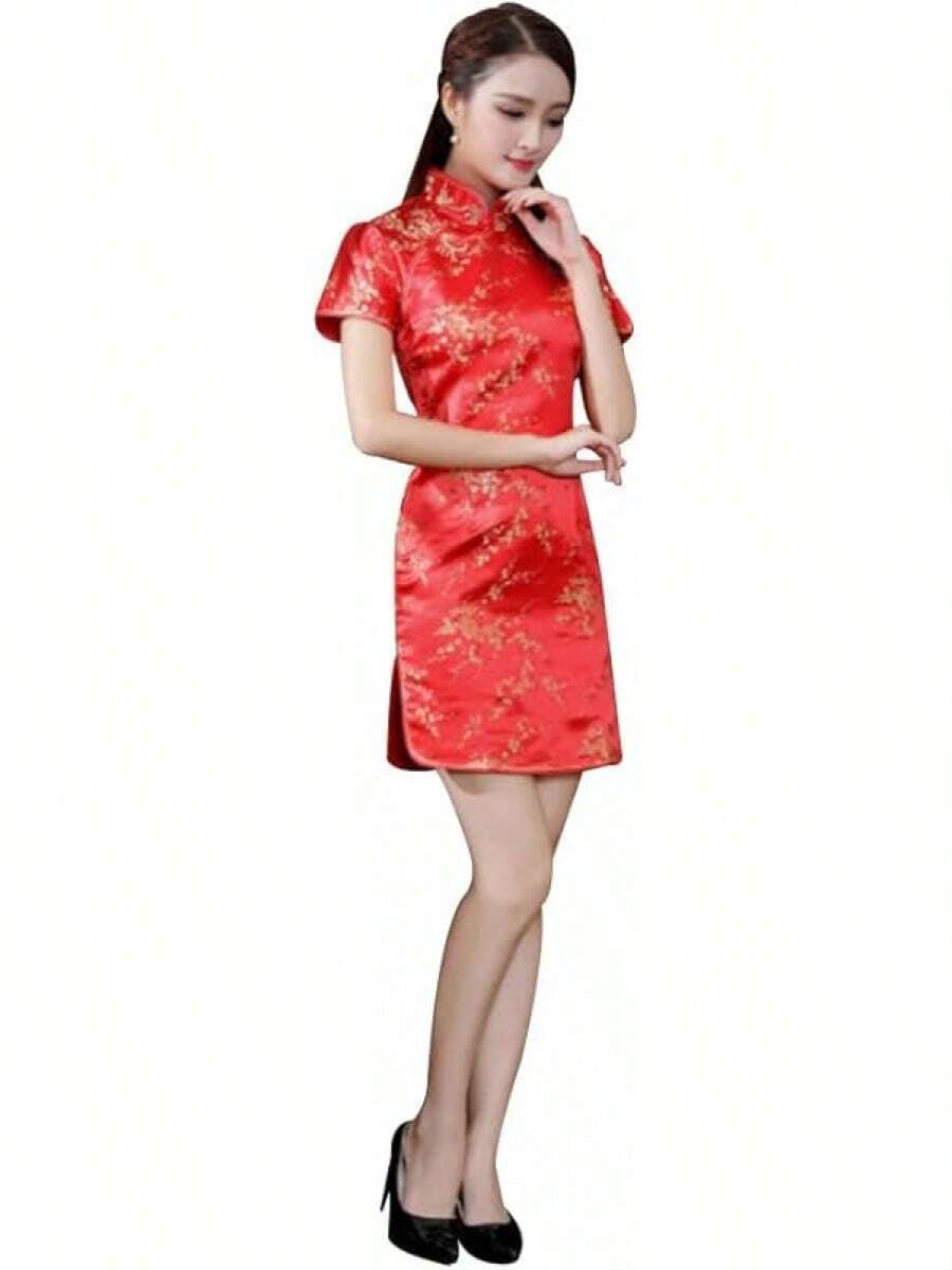 Cheongsam Dress Women Qipao Short Sleeve Bodycon Mandarin Collar Side Slit Floral Print Dress - Red Flower - View 1