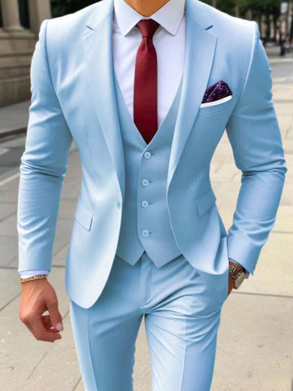 3pcs Men's Formal Business Suit Set Including Jacket, Vest And Trousers, Faux Pocket Design, Suitable For Formal Occasions