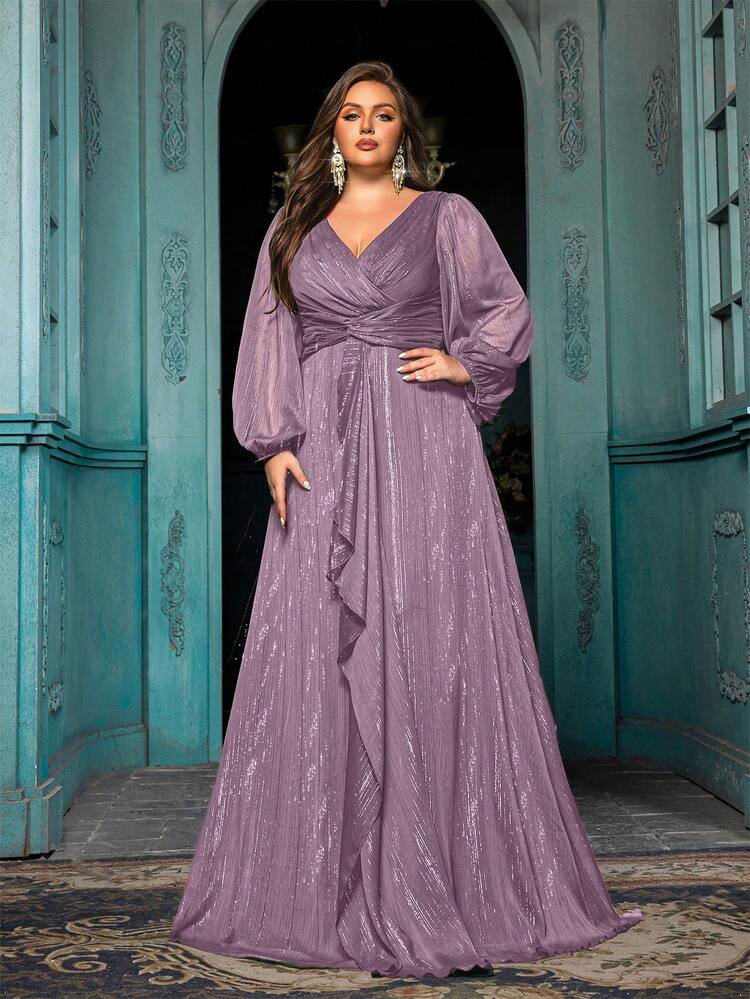 QOQ Plus Size Party Evening Gown Elegant Women Long Sleeve Formal Dress For Cocktail  Party, Galas, Dinner Party,Formal Events Solid Color Ruffle Lantern Sleeve  Dresses Wedding Spring | SHEIN USA