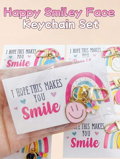 7 Stücke fröhliche lächelnde Gesichts-Schlüsselanhänger - bunte, cartoon-artige, dauerhafte Metall-Schlüsselanhänger mit inspirierendem englischen Zitat "DAS LEBEN IST BESSER, WENN DU LACHST" - Schlüsselringe geeignet für Geldbörse, Rucksack-Dekoration, Partyfavors, Hochzeitsgeschenke, Abschluss, Thanksgiving, Weihnachten, Neujahr, Firmenjahresendgeschenke, Klassenzimmer-Willkommensschlüsselanhänger