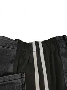 女士时尚条纹拼接阔腿裤，新款休闲高腰弹力直筒长裤