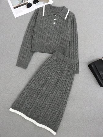 春秋女装新款休闲时尚罗纹纽扣撞色条纹边开领女士针织两件套