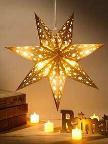 1个圣诞快乐纸灯笼灯罩（不含灯泡），金色圣诞七角星形灯罩，45厘米镂空吊坠，适用于生日、圣诞树装饰、家居圣诞装饰、桌面装饰、圣诞派对装饰、圣诞派对用品、圣诞派对礼物、2025年圣诞装饰、2026年新年圣诞装饰、房间装饰、圣诞家居装饰、圣诞礼物、圣诞装饰 - 金色 - 查看 1