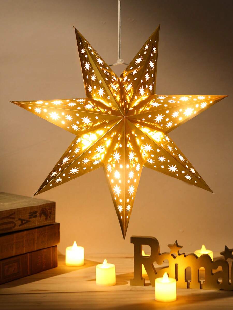 1个圣诞快乐纸灯笼灯罩（不含灯泡），金色圣诞七角星形灯罩，45厘米镂空吊坠，适用于生日、圣诞树装饰、家居圣诞装饰、桌面装饰、圣诞派对装饰、圣诞派对用品、圣诞派对礼物、2025年圣诞装饰、2026年新年圣诞装饰、房间装饰、圣诞家居装饰、圣诞礼物、圣诞装饰 - 金色 - 查看 1