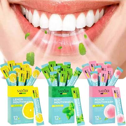 1/2/5盒装水果味一次性漱口水，薄荷/桃子/柠檬/葡萄/椰子/咖啡口味，温和不刺激，持久清新口气，去除异味，清洁牙齿和口腔，盒装包装，适合家庭聚会、约会、工作学习、餐后及旅行使用，是居家、旅行或圣诞节/情人节的理想礼物。