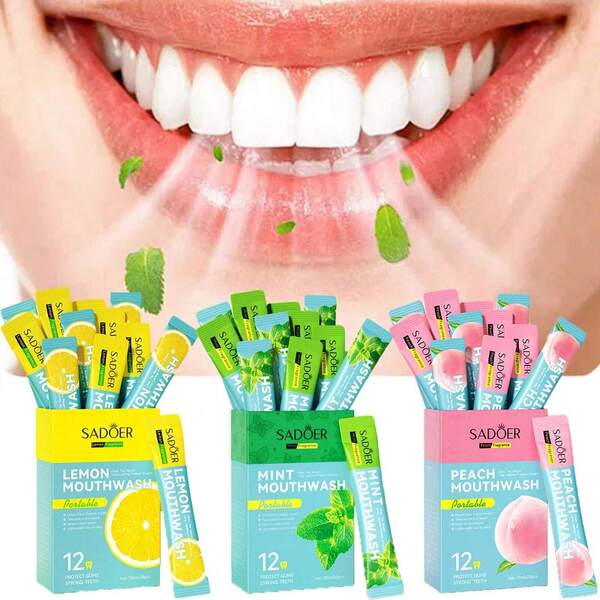 1/2/5盒装水果味一次性漱口水，薄荷/桃子/柠檬/葡萄/椰子/咖啡口味，温和不刺激，持久清新口气，去除异味，清洁牙齿和口腔，盒装包装，适合家庭聚会、约会、工作学习、餐后及旅行使用，是居家、旅行或圣诞节/情人节的理想礼物。