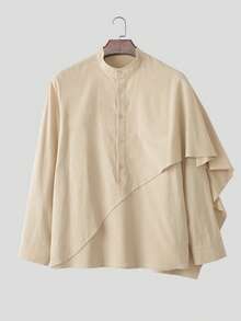 INCERUN Men Stand Collar Buttons Long Seeve Asymmetrical Casual Solid Shirt Holiday Party Loose Blouse Tops - 杏色 - 查看 2