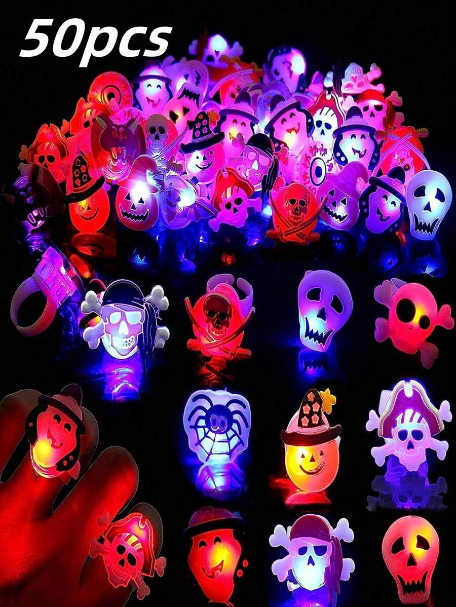 50 件 LED 发光万圣节戒指 - 南瓜骨架、蜘蛛网、蝙蝠设计、彩色发光派对礼物、适用于万圣节和圣诞节装饰、恐怖家居道具、节日戒指设计、趣味手工艺品、节日装饰、暗光、完美的礼物赠送万圣节装饰灯家居装饰派对装饰万圣节装饰房间装饰万圣节花园装饰礼物仙女