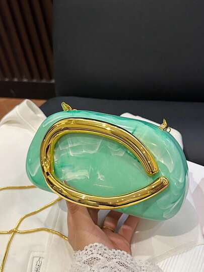 Europe & America New Design Women's Oblique Shoulder Bag, Asymmetric Shell Shaped Round Box Metal C Ring Evening Bag, Eye-Catching