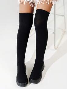 女式黑色厚底过膝长靴、复古针织弹力袜靴、高跟防水台长筒袜靴、圆头套穿切尔西靴、时尚派对马靴
