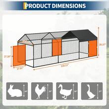 Large Metal Chicken Co Op With Waterproof And Anti-UV Cover, 120" X40" X40" Chicken Run With 3 Doors, Outdoor Hen House For Yard, Walk In Poultry Cage For Rabbit Duck Goose Metal Chicken Co Op, 120" X40" X40" Large Chicken Run   With 3 Doors, Chicken Run For Yard With Waterproof And Anti-UV Cover, Walk In Poultry Cage For Rabbit Duck Goose - 黑色 - 查看 4