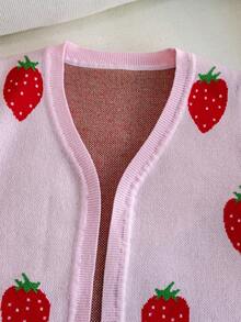 女童可爱草莓图案开衫毛衣，解扣中长款针织外套，适合日常、度假、春季、秋季、冬季 - 粉色 - 查看 9