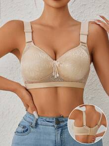 Sujetador inalámbrico acolchado y ajustable con diseño de encaje para mujer - Caqui - Ver 1