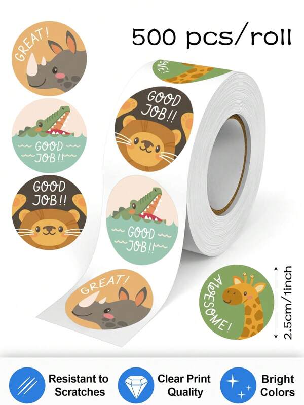 500 Stücke süße Tier Belohnungsaufkleber - 1 Inch rund, 4 Cartoon Muster, glatte Oberfläche, geeignet für Geschenkverpackung und Schreibwaren, super für Lehrerbelohnungen zur Schulanfang