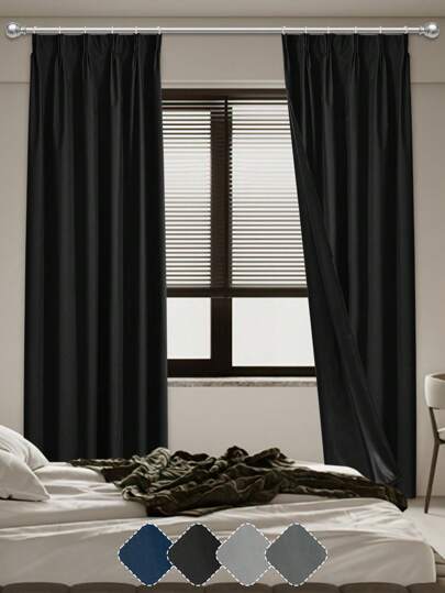 1pc Solid Color Blackout Curtain With Insulated Lining, Lightweight Polyester Fabric, Top Hanging Hook Design, Heat Insulation & Blackout, Suitable For Living Room, Bedroom, Balcony Decoration