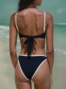 Women Simple Spliced Tie Back Sexy Bikini Set High Waist Bathing Suits Beach Outfit