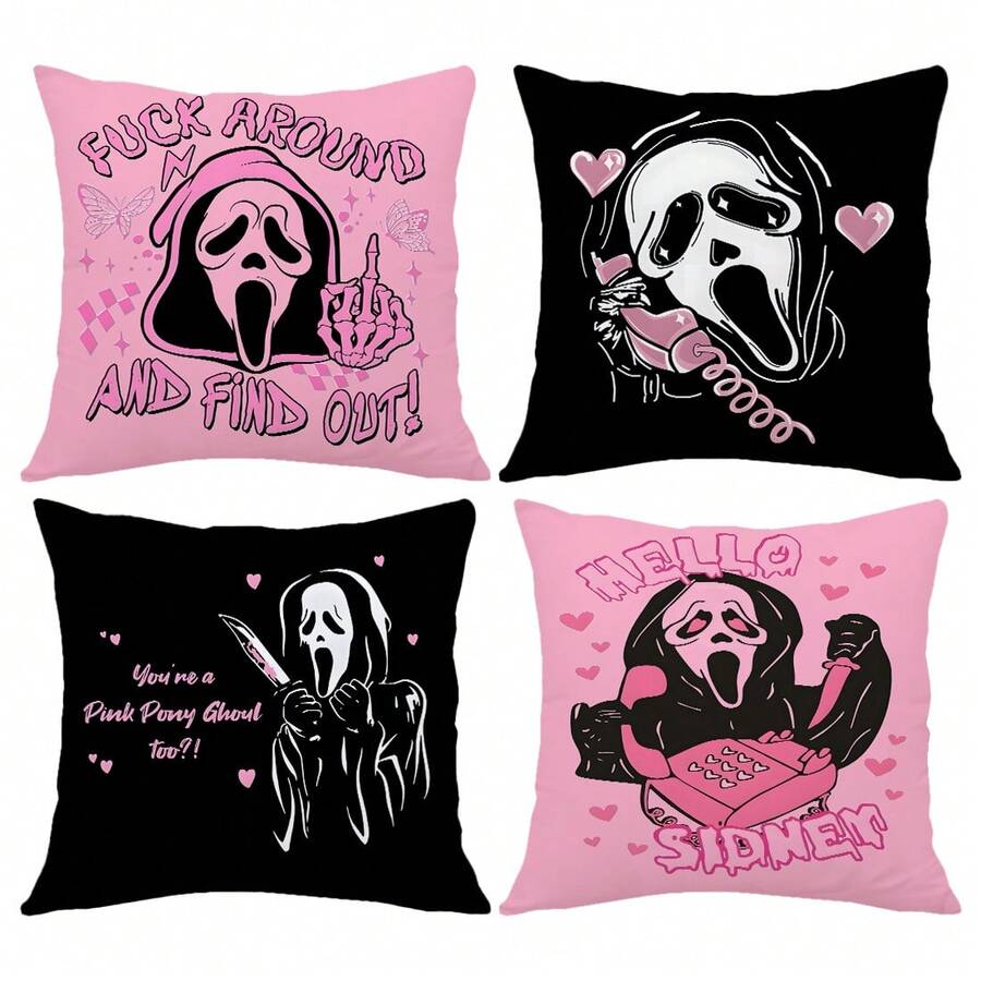 MEMNUN 4 vỏ gối polyester in họa tiết Halloween màu hồng và chữ [Không có ruột gối], 17,7*17,7in (45*45cm)/19,69*19,69in (50*50cm)/15,75*15,75in (40*40cm), [In một mặt] Vỏ gối trang trí Halloween cho ghế sofa, giường, phòng khách, phòng ngủ, ô tô, văn phòng, khách sạn, mọi mùa, quà tặng hoàn hảo cho gia đình và bạn bè