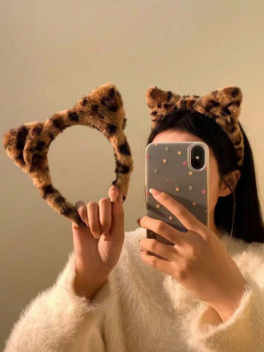1个女士豹纹猫耳毛绒发箍,可爱发圈,可固定口罩,不伤头皮,发带,秋季,发饰,秋冬季配饰,女士发箍 - 彩色 - 查看 1