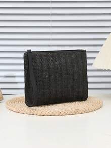 1 件草编手拿包，黑色条纹编织女士手拿包钱包、手提包、零钱包、钥匙包