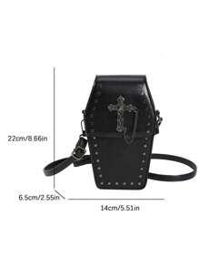 Y2K 甜美酷炫小众设计斜挎包，十字架和链条装饰，铆钉搞怪复古极具魅力的特殊造型手机包，哥特朋克个性单肩包，适合万圣节派对角色扮演装扮 - 黑色 - 查看 5