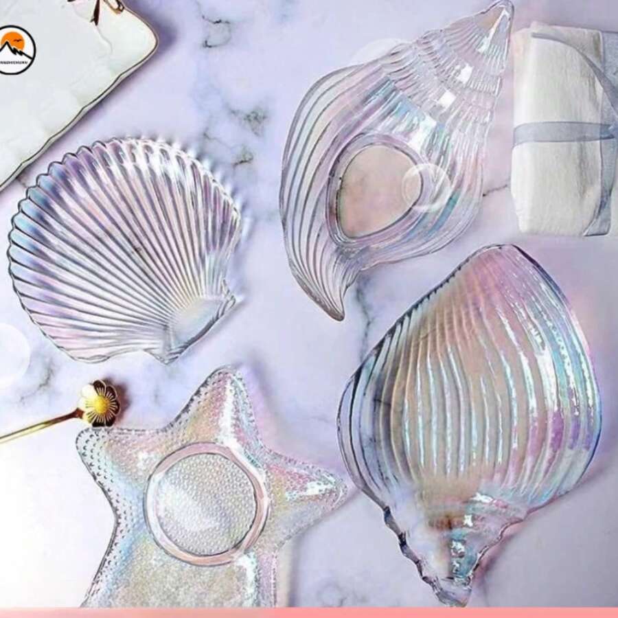 Ocean Glass Plate Irregular Meal Plate Dessert Salad Plate Dried Fruit Snack Decoration Sea Snail Sea Star Shell Plate - 金邊海螺1 - 查看 1