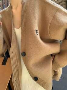 French Fashion Women New Simple Top Cardigan Coat Halloween Fashion Letter Embroidery British-Style Knitted Cardigan For Women Loose And Slouchy Style Sweater Cardigan - Coffee Brown - View 1