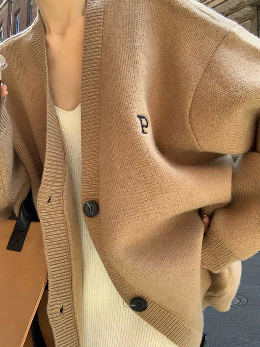 French Fashion Women New Simple Top Cardigan Coat Halloween Fashion Letter Embroidery British-Style Knitted Cardigan For Women Loose And Slouchy Style Sweater Cardigan - Coffee Brown - View 1
