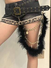 1 件女式纯色波西米亚风复古 PU 皮革双索环不对称毛皮链十字水钻装饰腰带，Y2K 街头潮流，百搭牛仔裤、裙子、休闲装和约会装 - 彩色 - 查看 12