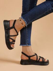 Women's Flat Sandals, New Thick Sole Black Sandals, Roman Style Non-Slip Versatile Fashion Sandals For Summer Casual Beach