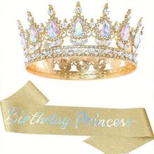 Perlengkapan Pesta Ulang Tahun Bling Rhinestones Mahkota Tiara Emas Selempang Putri Ulang Tahun untuk Wanita Aksesori Rambut Selamat Ulang Tahun Hadiah Prom Dekorasi - MultiWarna - View 16