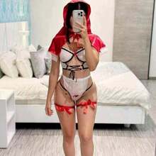 Lencería erótica disfraz de Caperucita sexy para mujer, conjunto con detalles de encaje y satén, ideal para juegos de rol, noches íntimas y sorpresas especiales, incluye vestido, capa y accesorios, diseñado para experiencias sensuales y seductoras adultas - Rojo y blanco - Ver 2