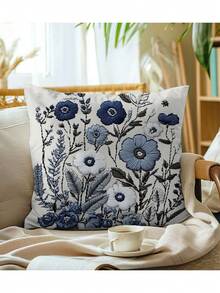 1pc Vintage Style Floral Print Decorative Throw Pillow Cover, Polyester Plush Fabric, Zipper Closure, Suitable For Home, Sofa, Bedroom, Seatzy Series (Pillow Insert Not Included), No Embroidery - Blue - View 6