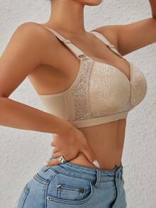 Sujetador inalámbrico acolchado y ajustable con diseño de encaje para mujer - Caqui - Ver 5