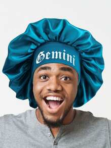 1pc Men Satin Sleep Bonnet - Soft Hair Protection Cap With Wide Band For Nighttime & Daily Use, Black With White Print, Hair Bonnet For Sleeping