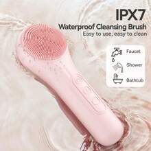 Silicone Face Scrubber Facial Cleansing Brush With Heating And Vibration Electric Waterproof Face Wash Brush With 5 Strength Adjustable For Exfoliating Deep Cleaning And Face Massaging Pink - 粉色 - 查看 6