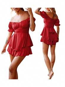 Women Short Jumpsuit, Short Sleeve Off-Shoulder Solid Summer Playsuit For Party Club - Redwood - View 7