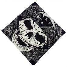 1pc Solid Color Bandana - Skull & Vintage Paisley Print Square Scarf, Black & White, Machine Washable, Unisex Motorcycle Riding Outdoor Fashion Accessory, Motorcycle Gear, Avant-Garde Fashion Piece, Exquisite Pattern Design, Halloween Skull Print Bandana Skull Paisley Pattern Polyester