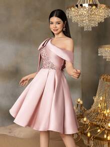 Alisa&Leo Teen Girls' Satin One-Shoulder Graduation Dress With With Sequin Bodice & Bow Detail - A-Line Skirt For School Formal Events, Proms & Summer Galas