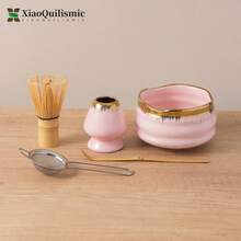 Set de 5 piezas de estilo japonés para Matcha, incluye soporte para batidor de Matcha, batidor de Matcha de bambú, tazón con pico, cuchara tamizadora de Matcha, regalo para amantes del Matcha (disponible en rosa, amarillo, blanco)