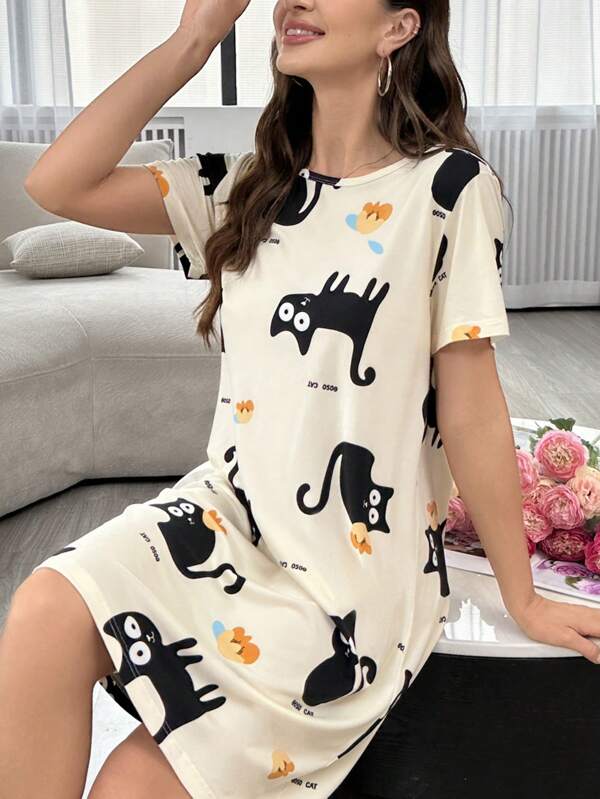 Women's Cartoon Cat Printed Soft & Comfortable Short Sleeve Loose Sleep Dress
