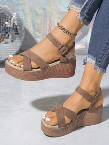 Giày sandal đế xuồng kiểu đan chéo thời trang, đế dày, gót đế xuồng, nhẹ, gót cao gợi cảm, cỡ lớn, thoải mái, thích hợp cho kỳ nghỉ, đi biển, hở mũi, gót siêu cao, sandal đế dày, giày cho mẹ, sandal thường ngày cho mùa hè - Màu Khaki - Xem 3