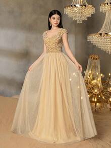 Váy dạ hội thanh lịch dành cho bé gái tuổi teen Alisa&Leo - Tay lửng có thân áo đính sequin, chân váy xếp nếp bằng vải tuyn cho tiệc tốt nghiệp, trang phục dự tiệc cưới, dạ hội và sự kiện trang trọng cao cấp - Rượu sâm banh - Xem 6