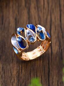 Cring Coco 1pc Women's Elegant Vintage French Style Enamel Geometric Green Zinc Alloy Elastic Ring, Versatile For Daily Wear, Parties, Celebrations - Geometry - View 19